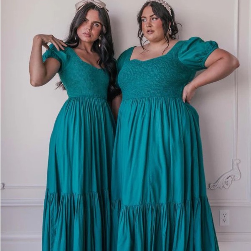 JessaKae Ebony Dress 3X Teal Puff Sleeve Smocked Cottagecore Midi Dress - Picture 2 of 4